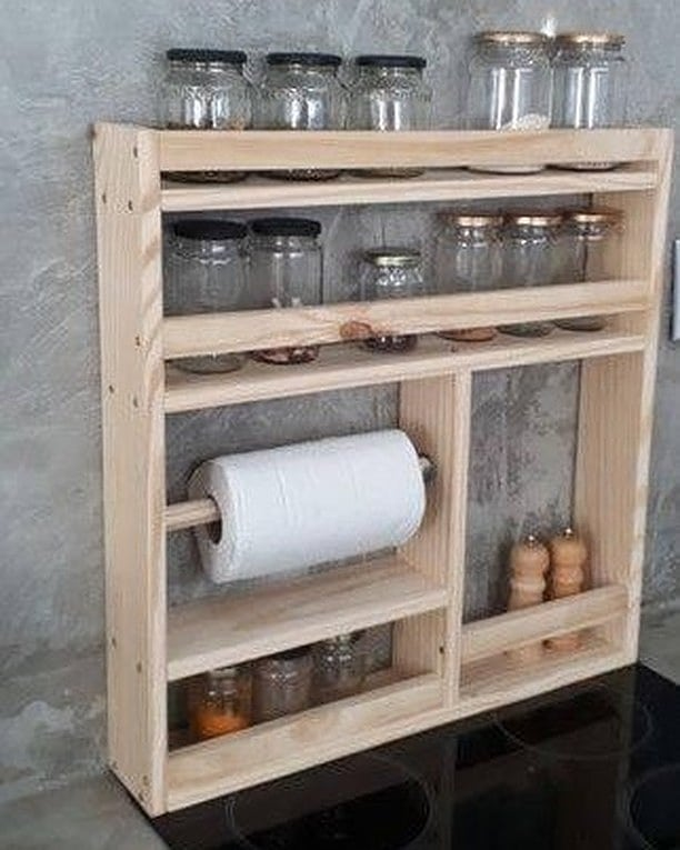 Wooden Kitchen Storage Rack with Paper Towel Holder