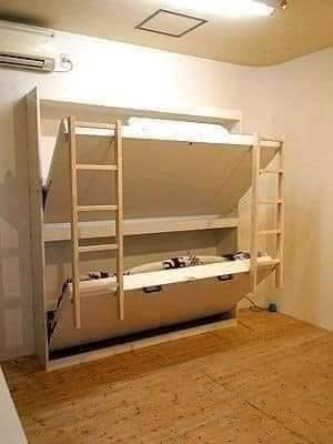 Wall-Mounted Wodden Bunk Bed with Storage
